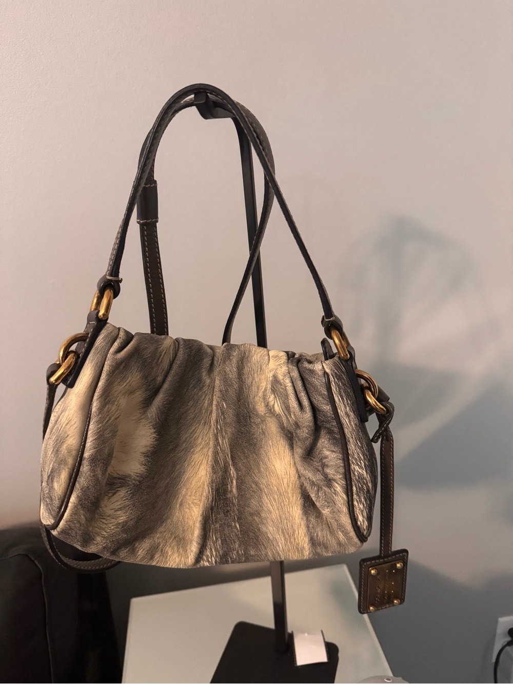 Dolce & Gabbana Metallic Gray Shoulder Bag with Gold Hardware Accents